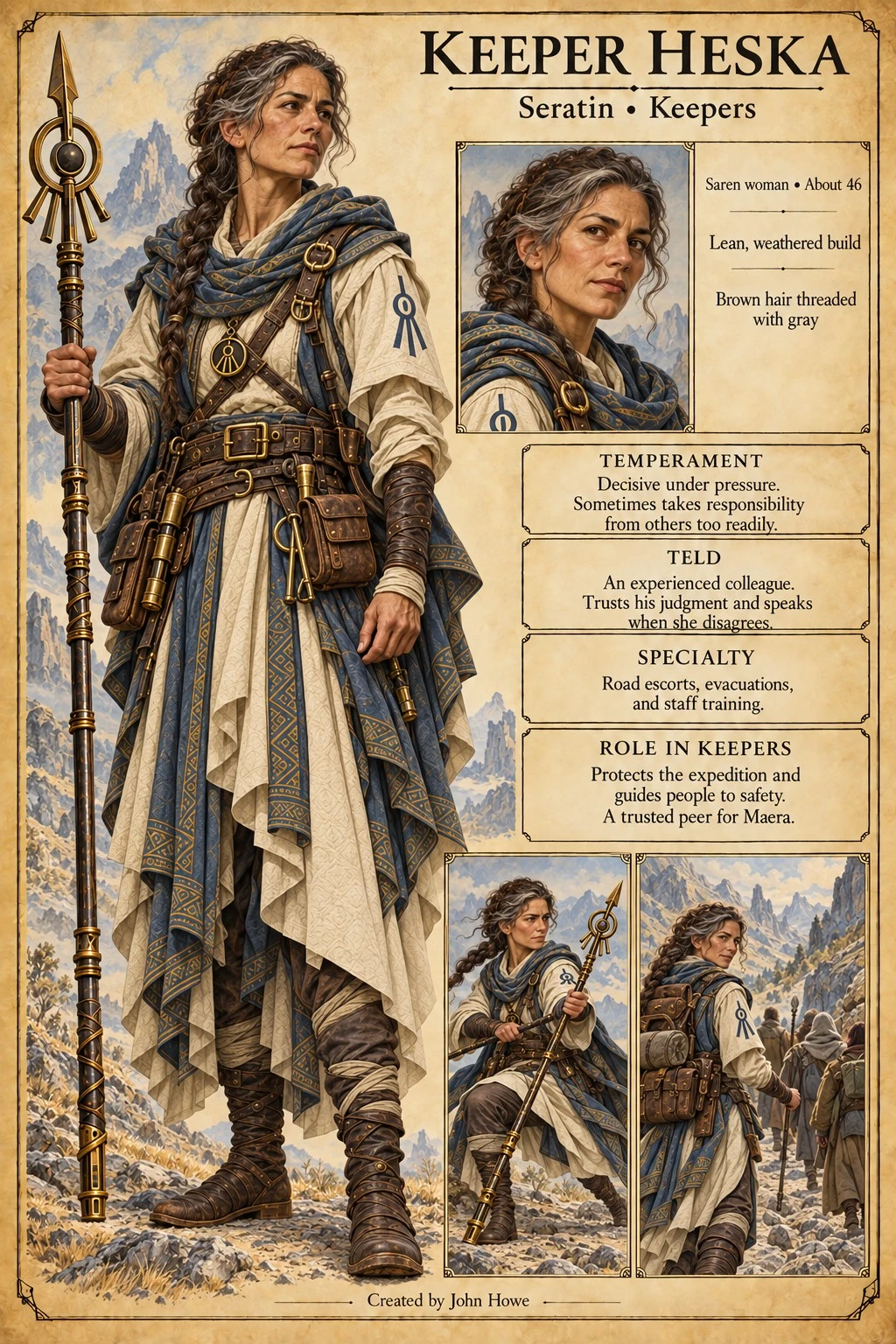 Character reference plate showing Keeper Heska with a staff, portrait studies, robes, and scenes of Keeper work.