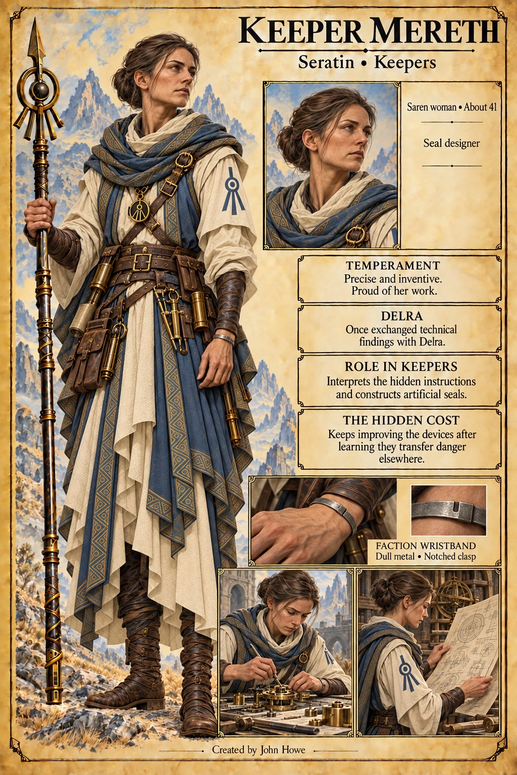 Character reference plate showing Keeper Mereth with a staff, portrait studies, robes, and scenes of Keeper work.