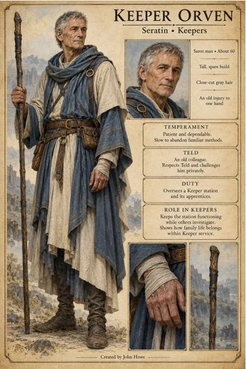 Character reference plate showing Keeper Orven, his staff, robes, and portrait details.