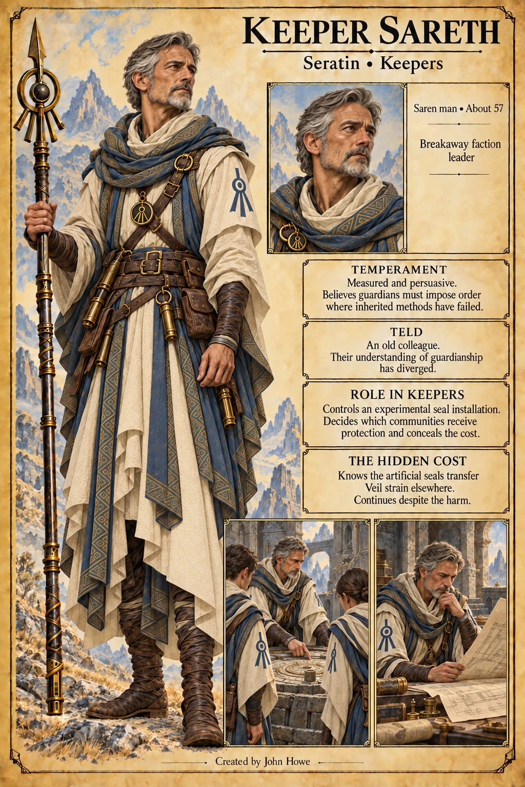 Character reference plate showing Keeper Sareth with a staff, portrait studies, robes, and scenes of Keeper work.