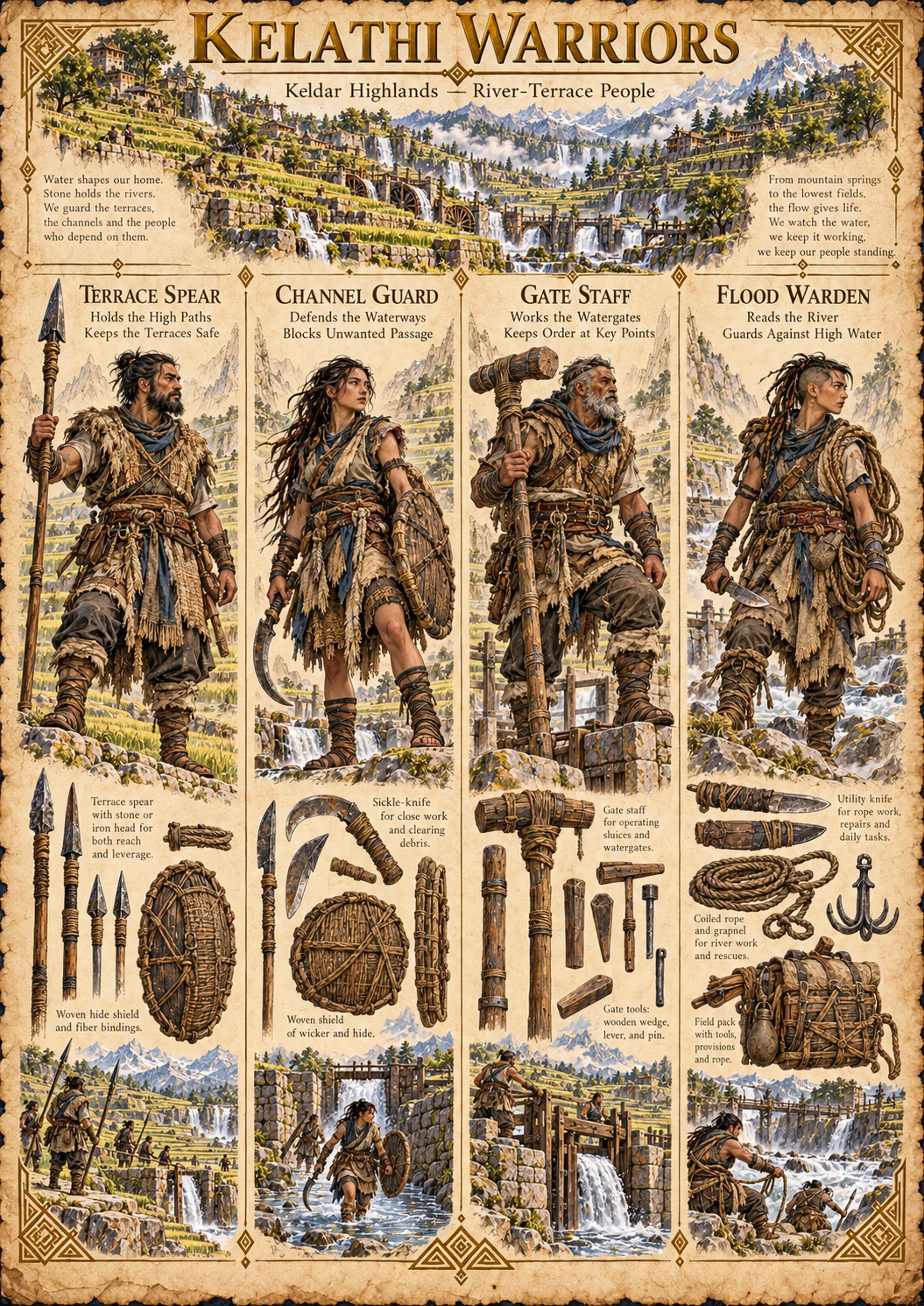 Warrior reference plate showing the Kelathi Terrace Spear, Channel Guard, Gate Staff, and Flood Warden with weapons, river equipment, and terraced settlements.