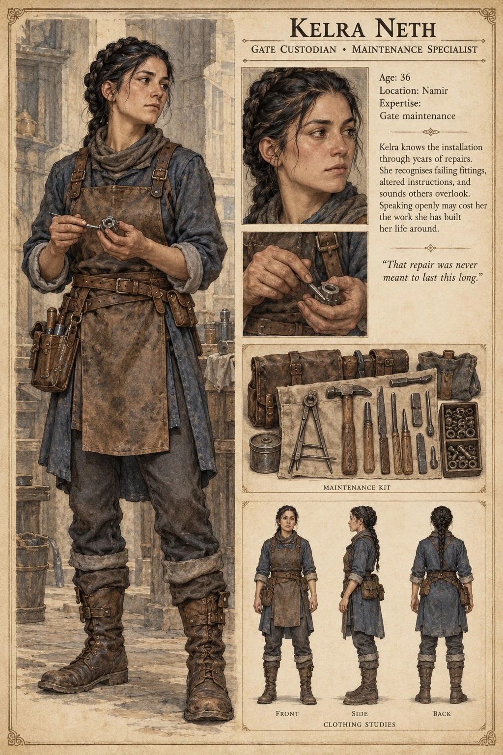 Character reference plate showing Kelra Neth with a portrait, work clothing, and gate maintenance tools.