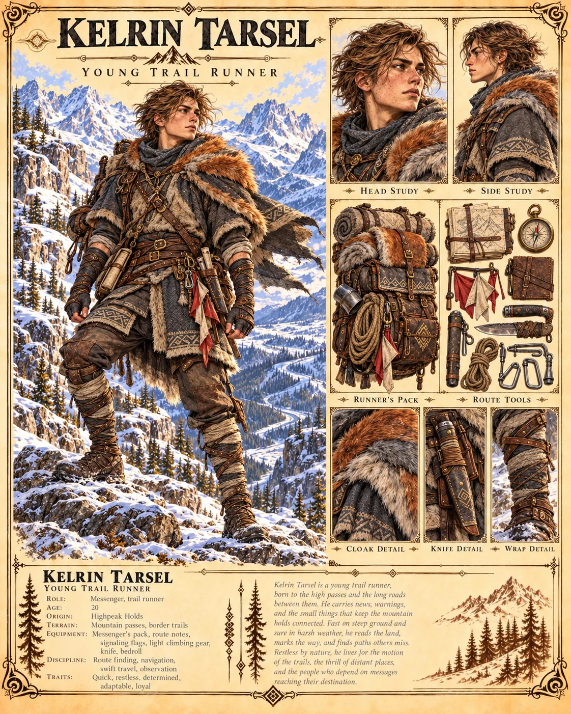 Character reference plate showing Kelrin Tarsel with portrait studies, winter travel clothing, climbing ropes, a pack, and equipment details, and a snowy mountain setting.