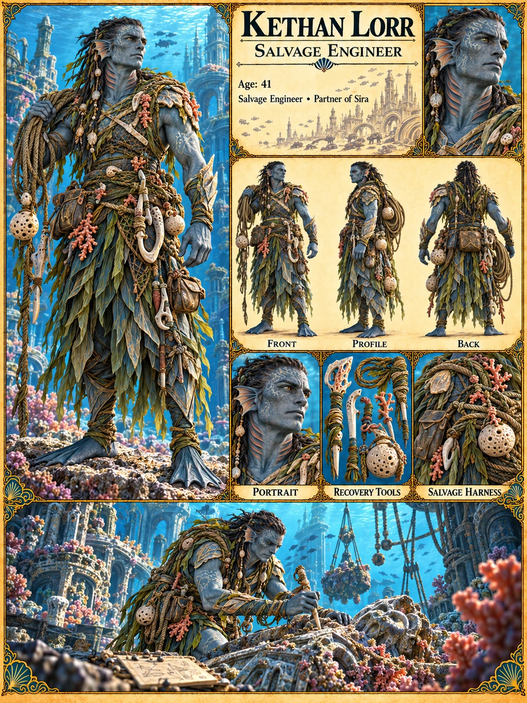 Nerathi character reference sheet showing Kethan Lorr, salvage engineer, with portrait studies, front, profile and back views, recovery tools and a salvage harness, and an underwater scene.