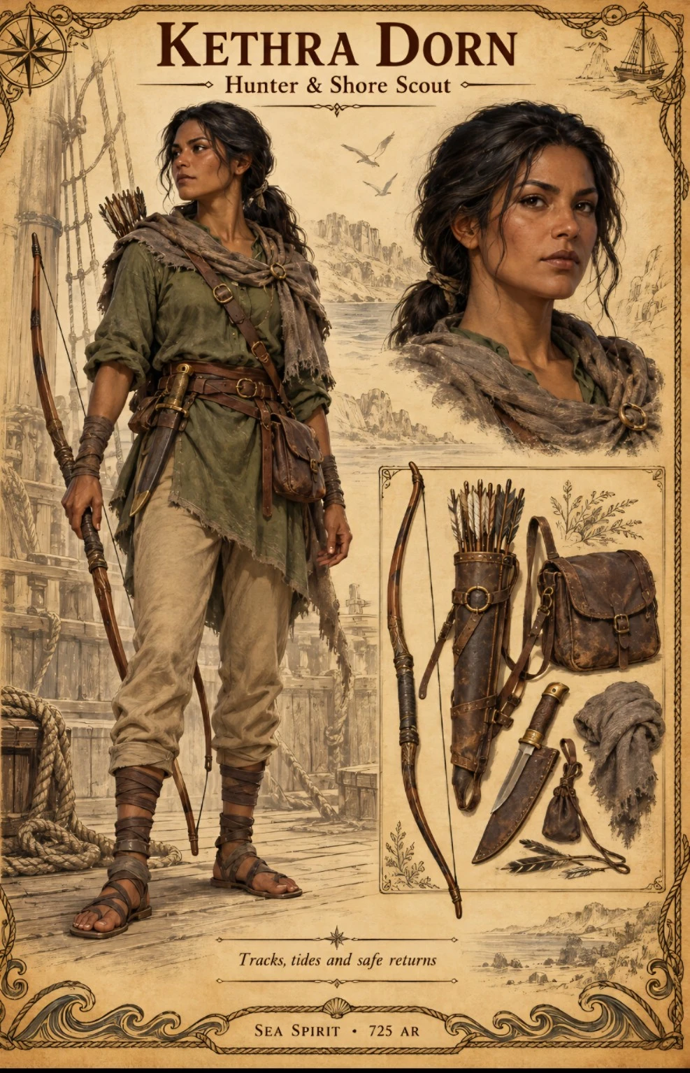 Sea Spirit crew reference plate showing hunter and shore scout Kethra Dorn with a portrait, bow, arrows, and outdoor equipment.