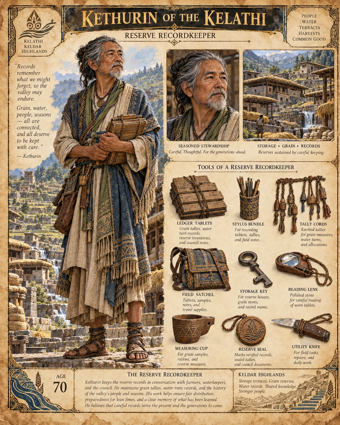 Character reference sheet showing Kethurin of the Kelathi, Reserve Recordkeeper, with a portrait, layered clothing, terraced river landscapes, ledger tablets, a stylus bundle, tally cords, a storage key, and a reading lens.