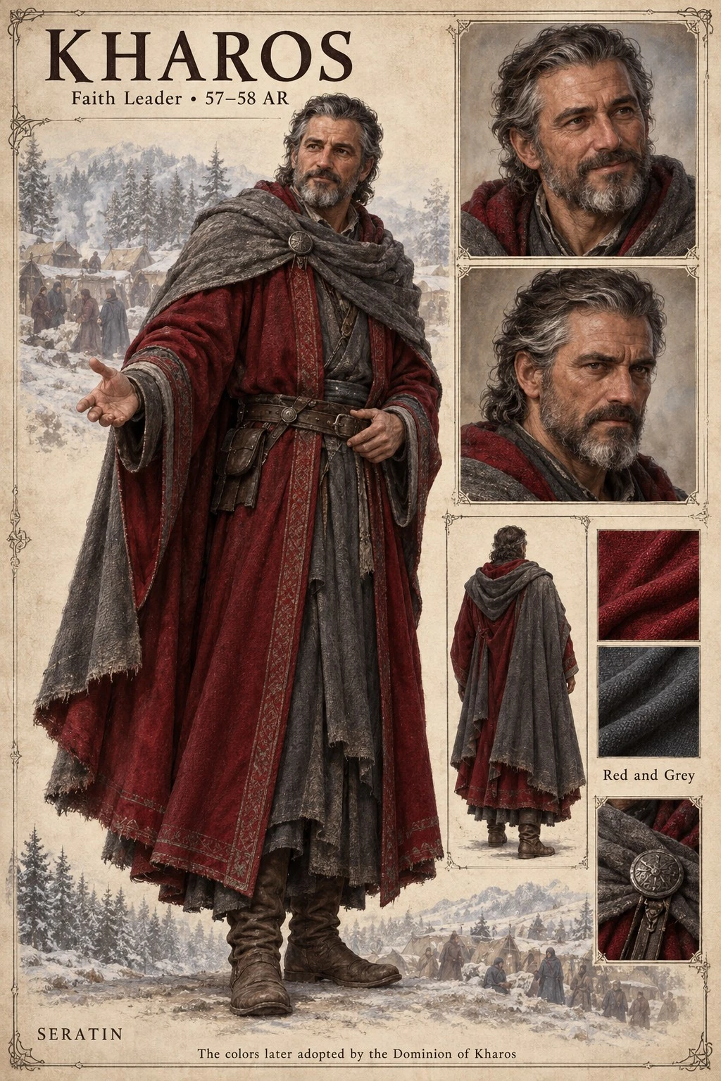 Character reference plate showing Kharos in a red cloak, with portrait studies and clothing details.