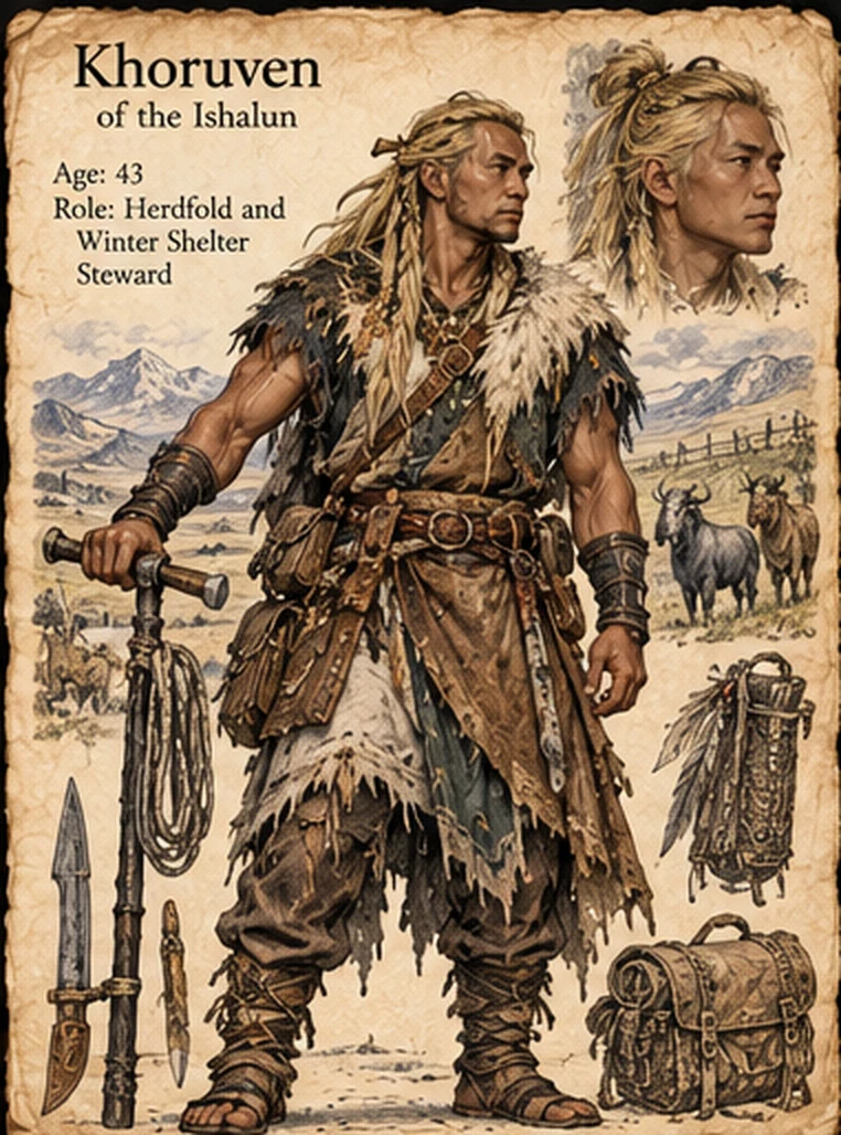 Character reference sheet showing Khoruven of the Ishalun with blond hair, fur-trimmed clothing, a staff, ropes, a travel pack, and grazing herds.