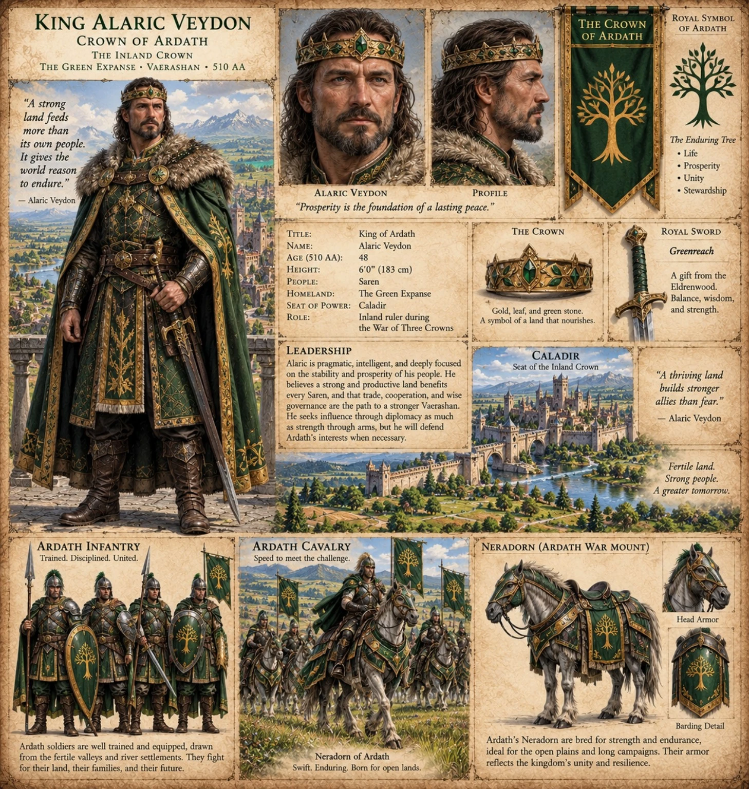 Character reference plate showing King Alaric Veydon, his crown, green and gold heraldry, soldiers, and armored horse.