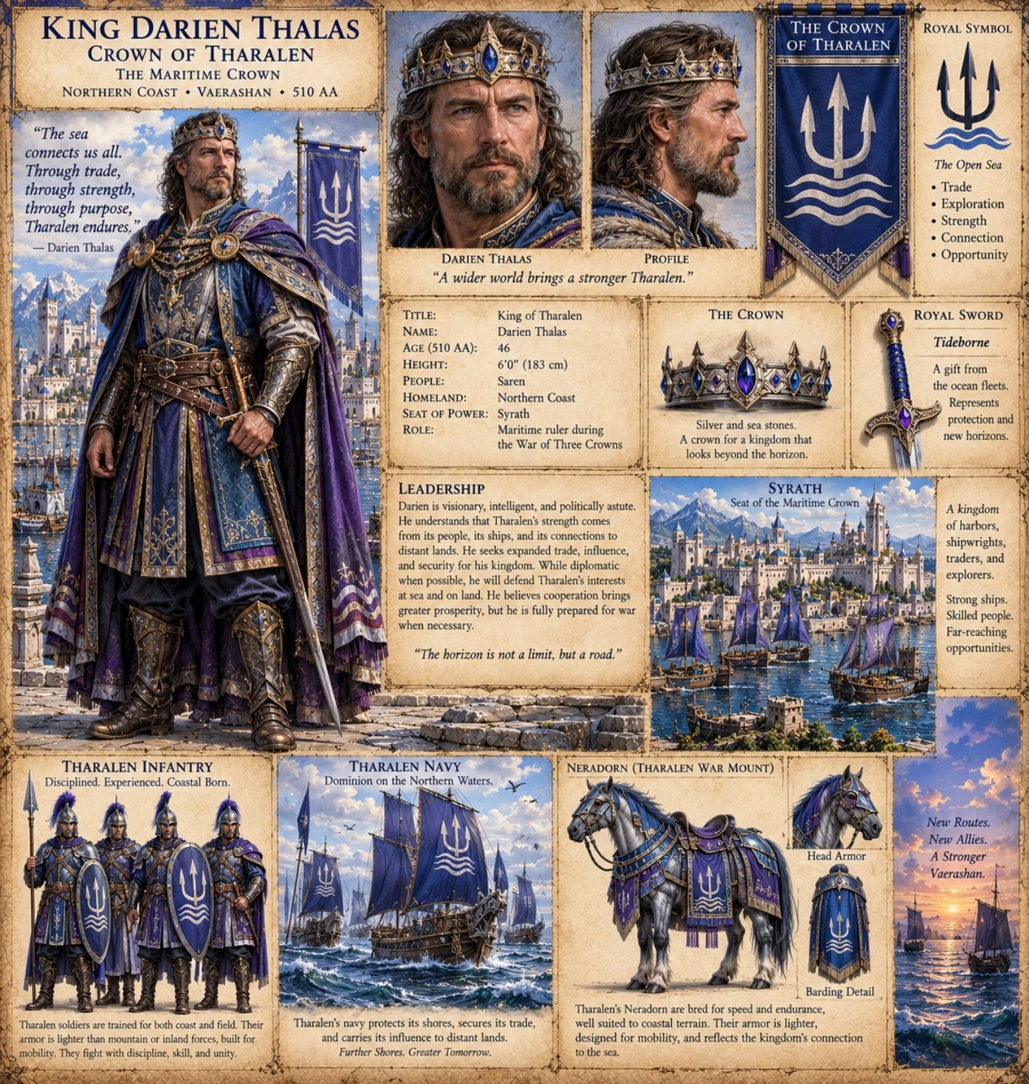 Character reference plate showing King Darien Thalas, his crown, blue and gold heraldry, soldiers, ships, and armored horse.