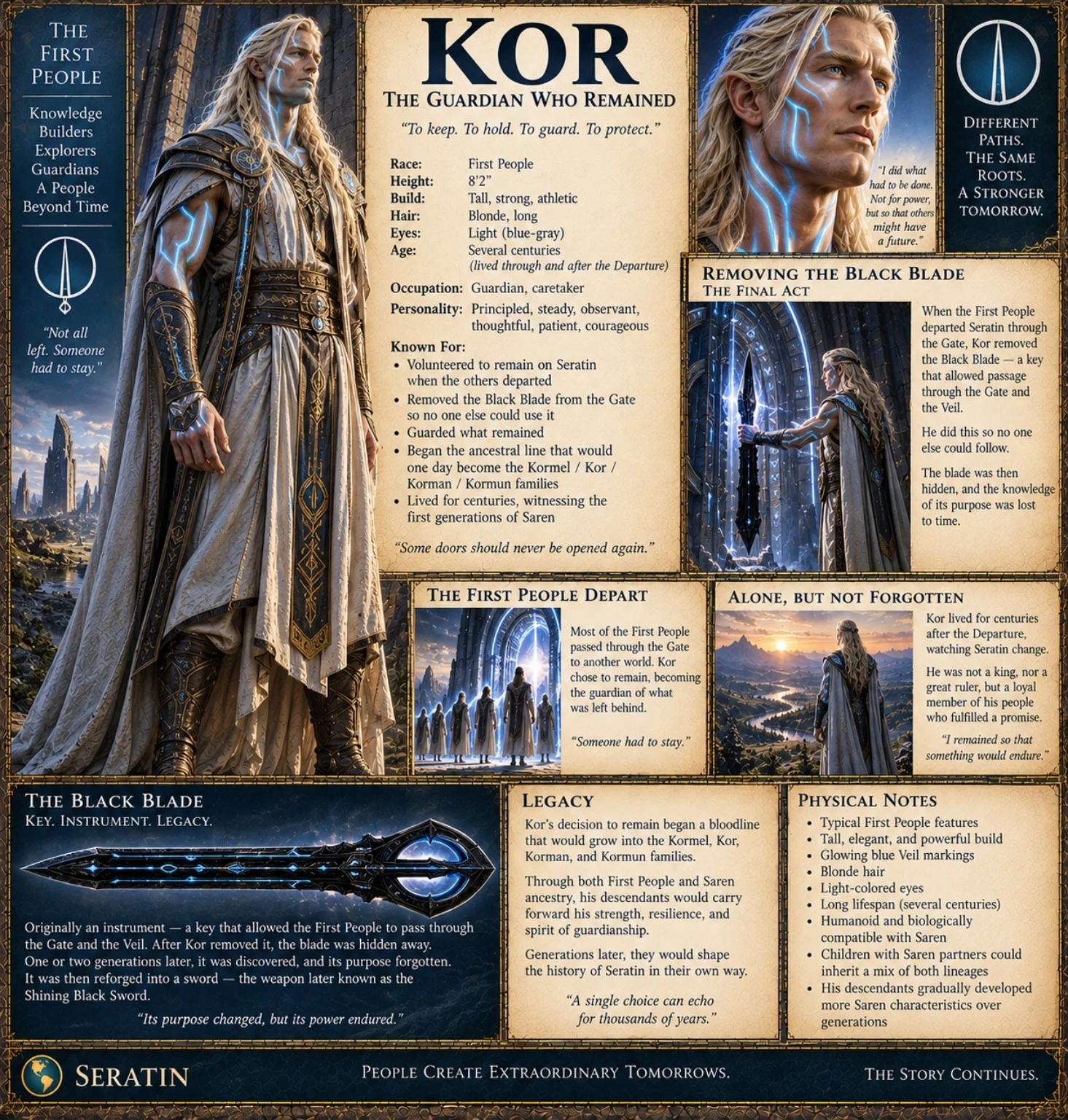 Character reference plate showing Kor in blue and gold robes, with portrait studies and a black blade.
