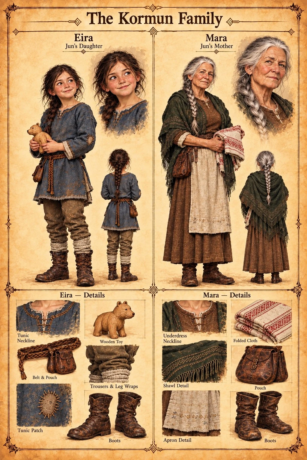 Character reference sheet showing Eira, Jun’s daughter, and Mara, Jun’s mother, with front, back, and portrait views, a wooden toy, pouches, and clothing details.