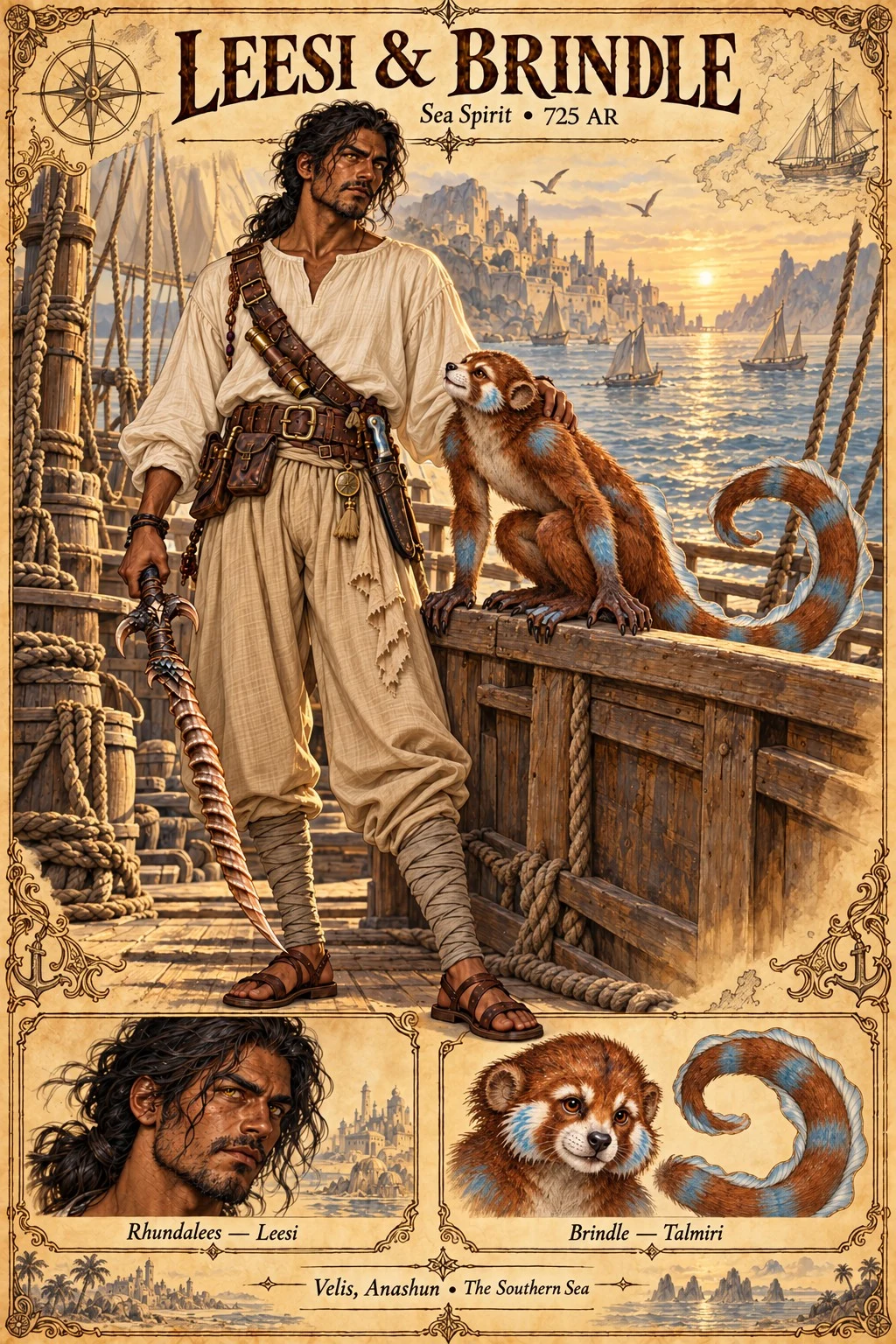 Reference plate showing Leesi and Brindle aboard the Sea Spirit, with portrait studies and a harbor backdrop.