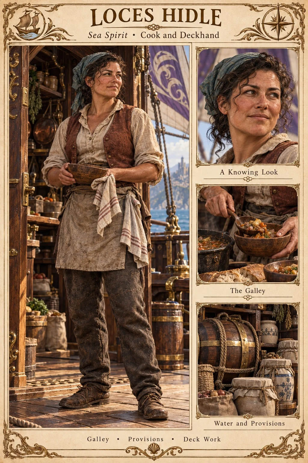 Sea Spirit crew reference plate showing cook and deckhand Loces Hidle with a portrait, galley scene, and provisions.