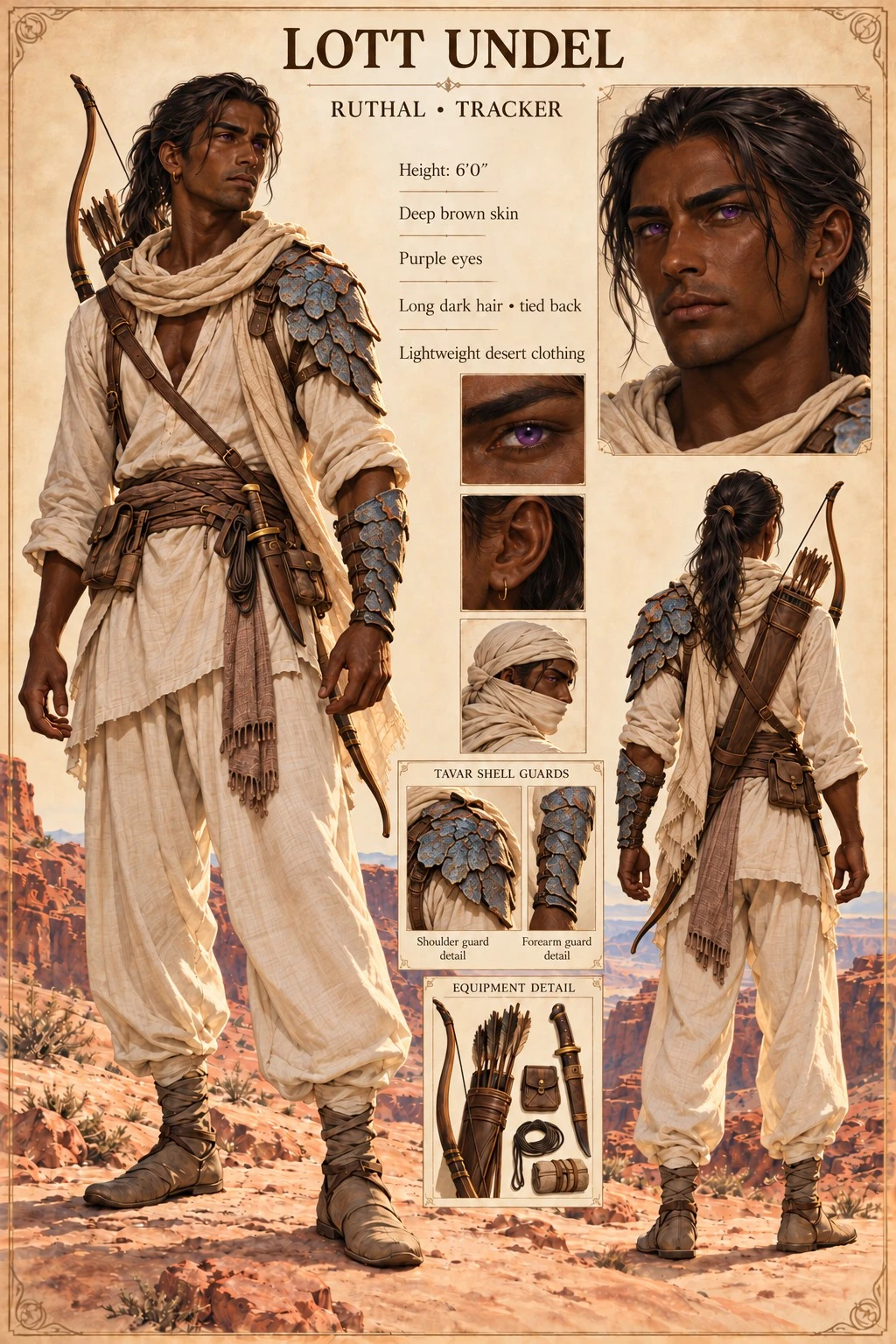 Character reference plate showing Lott Undel with a bow, pale travel clothing, portraits, and equipment details.