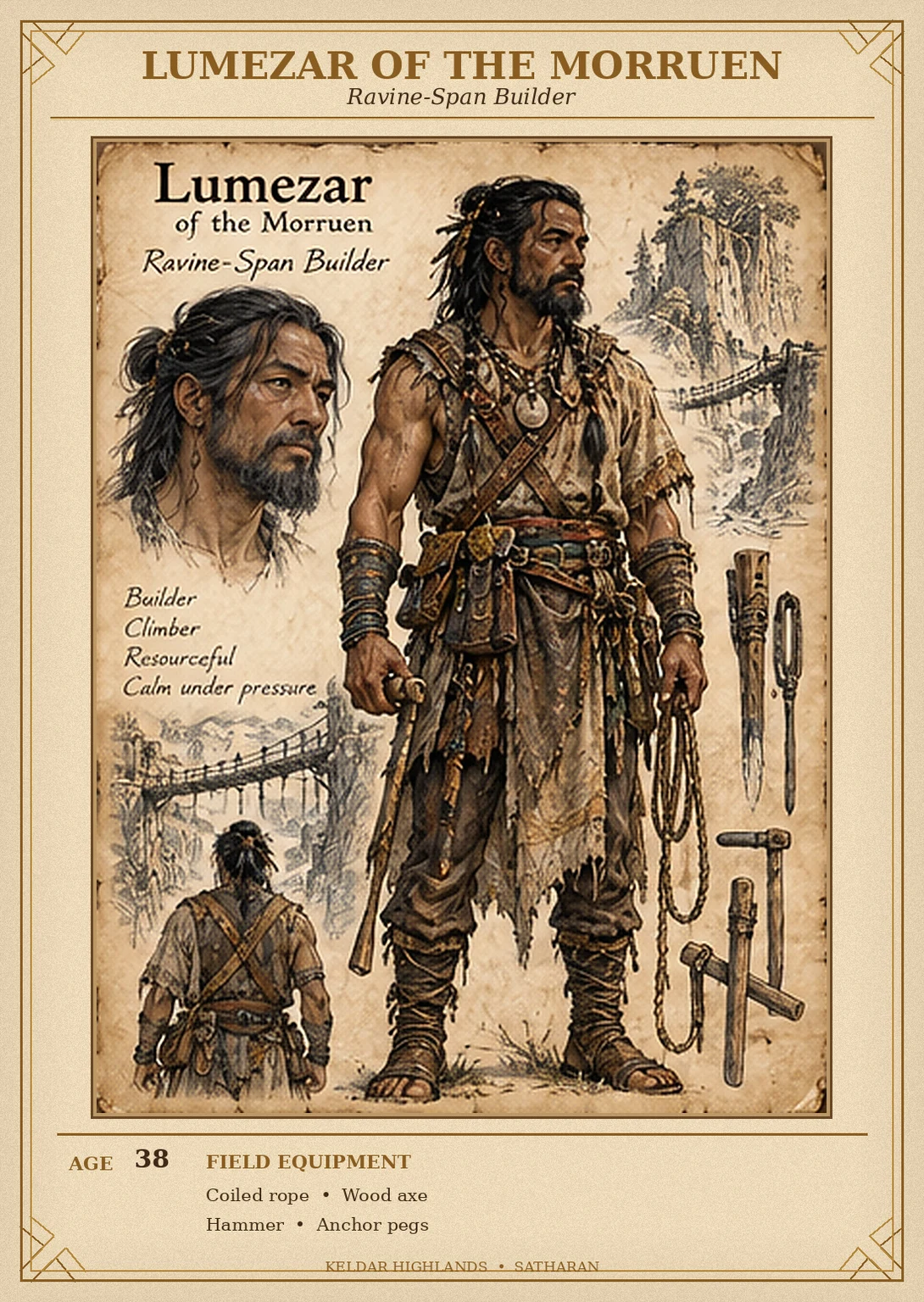 Morruen character reference sheet showing Lumezar, ravine-span builder, with portrait and rear views, coiled rope, wood pegs, a hammer, and an antler tool.