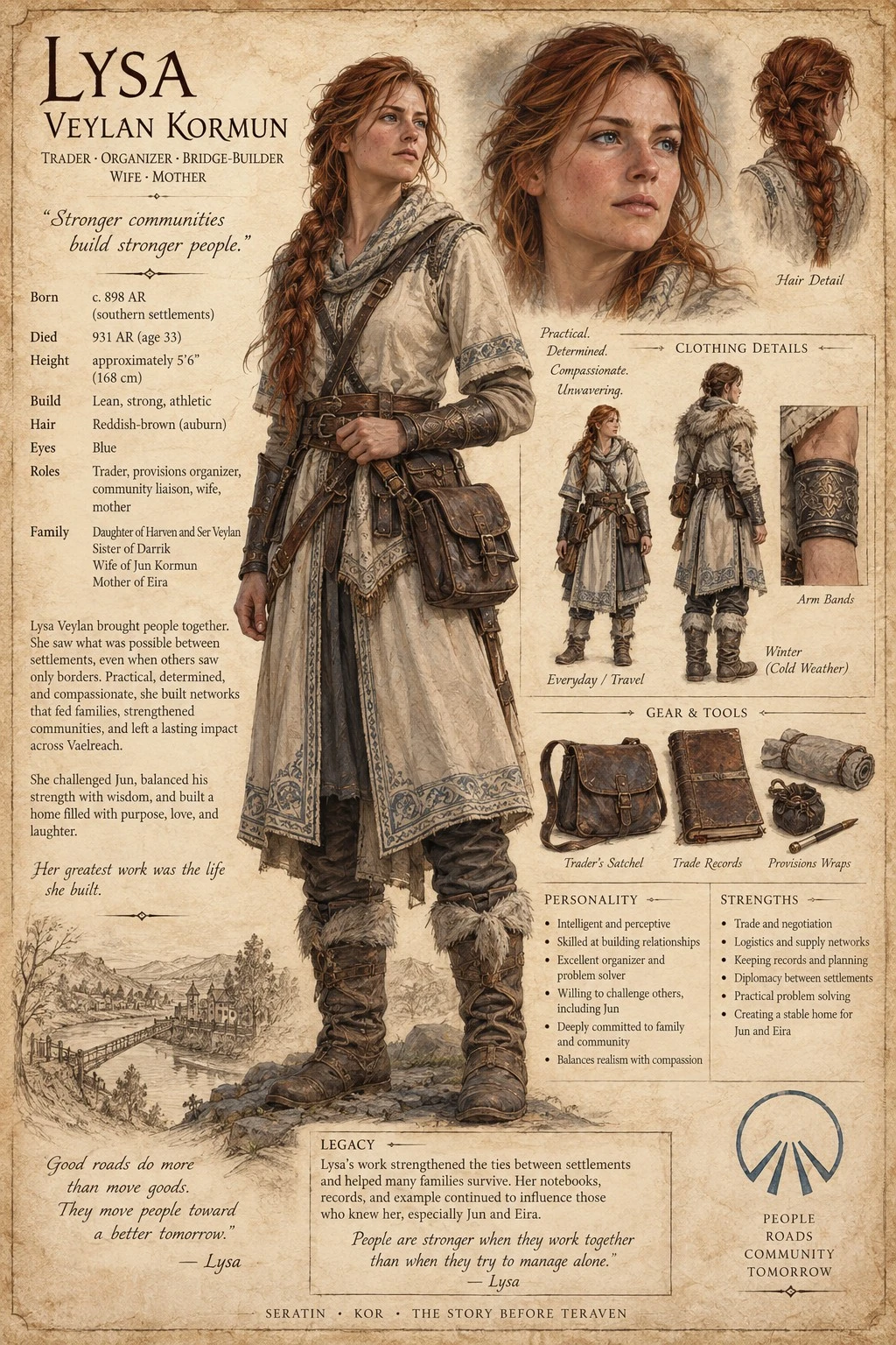 Character reference plate showing Lysa Veylan Kormun with portrait studies, travel clothing, a satchel, and equipment details.