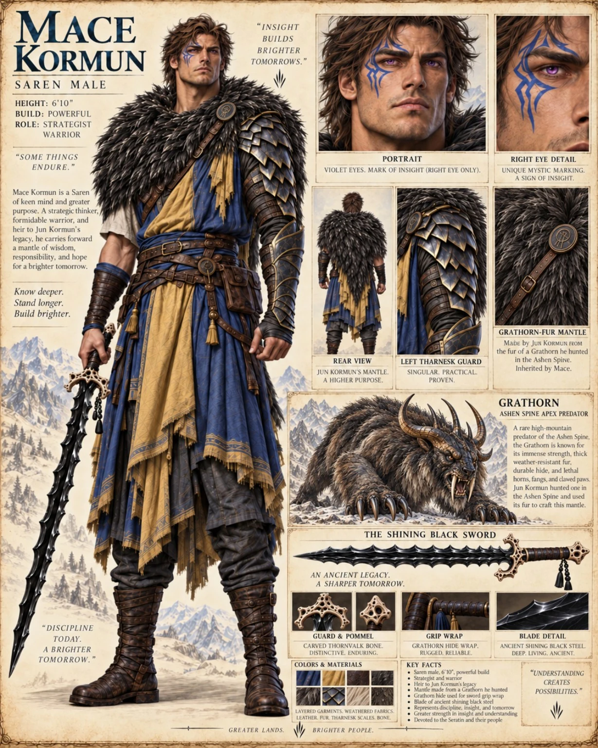 Character reference sheet with portraits, blue and gold clothing, dark feathered armor, a staff, the shining black sword, and a horned mount.
