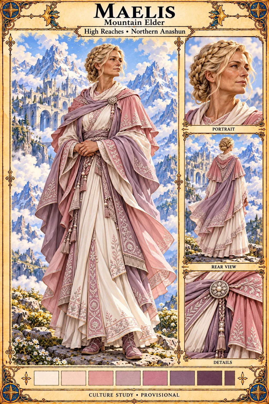 High Reaches culture study of Maelis, a mountain elder of northern Anashun with braided blonde hair crowned around her head, in flowing cream robes beneath layered rose and mauve embroidered shawls fastened with a round pearl brooch and tasselled cords, shown in full figure, portrait and rear view, with brooch details, a colour palette, and a white mountain city above the clouds.