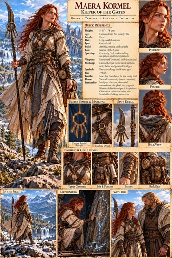 Character reference plate showing Maera Kormel with her Keeper staff, clothing, and equipment.