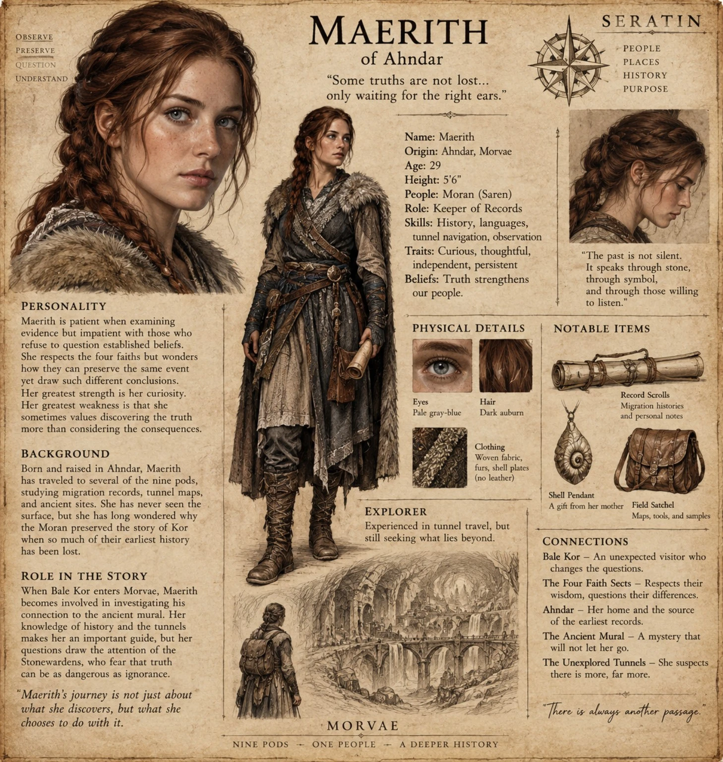 Character reference plate showing Maerith with a portrait, travel clothing, a dagger, and personal belongings.