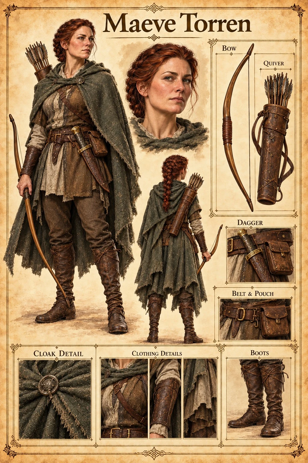 Character reference sheet showing Maeve Torren with front, back, and portrait views, a bow, quiver, dagger, belt pouch, and cloak, clothing, and boot details.