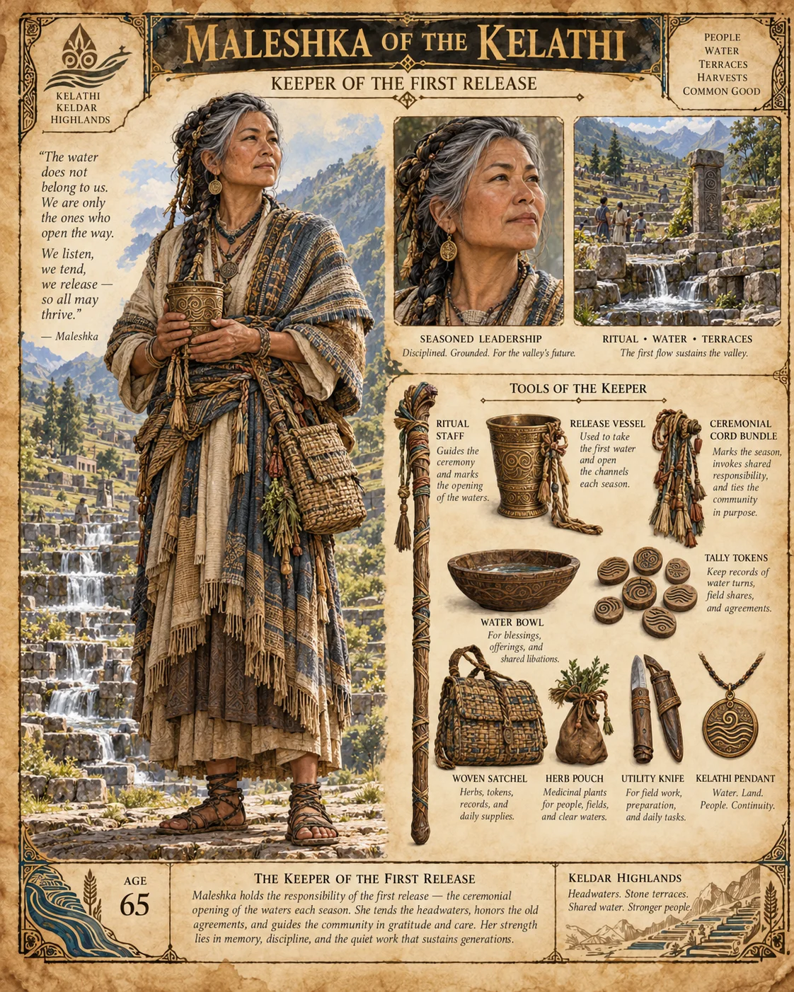 Character reference sheet showing Maleshka of the Kelathi, Keeper of the First Release, with a portrait, layered clothing, terraced river landscapes, a ritual staff, ceremonial vessels, tally tokens, and herbs.
