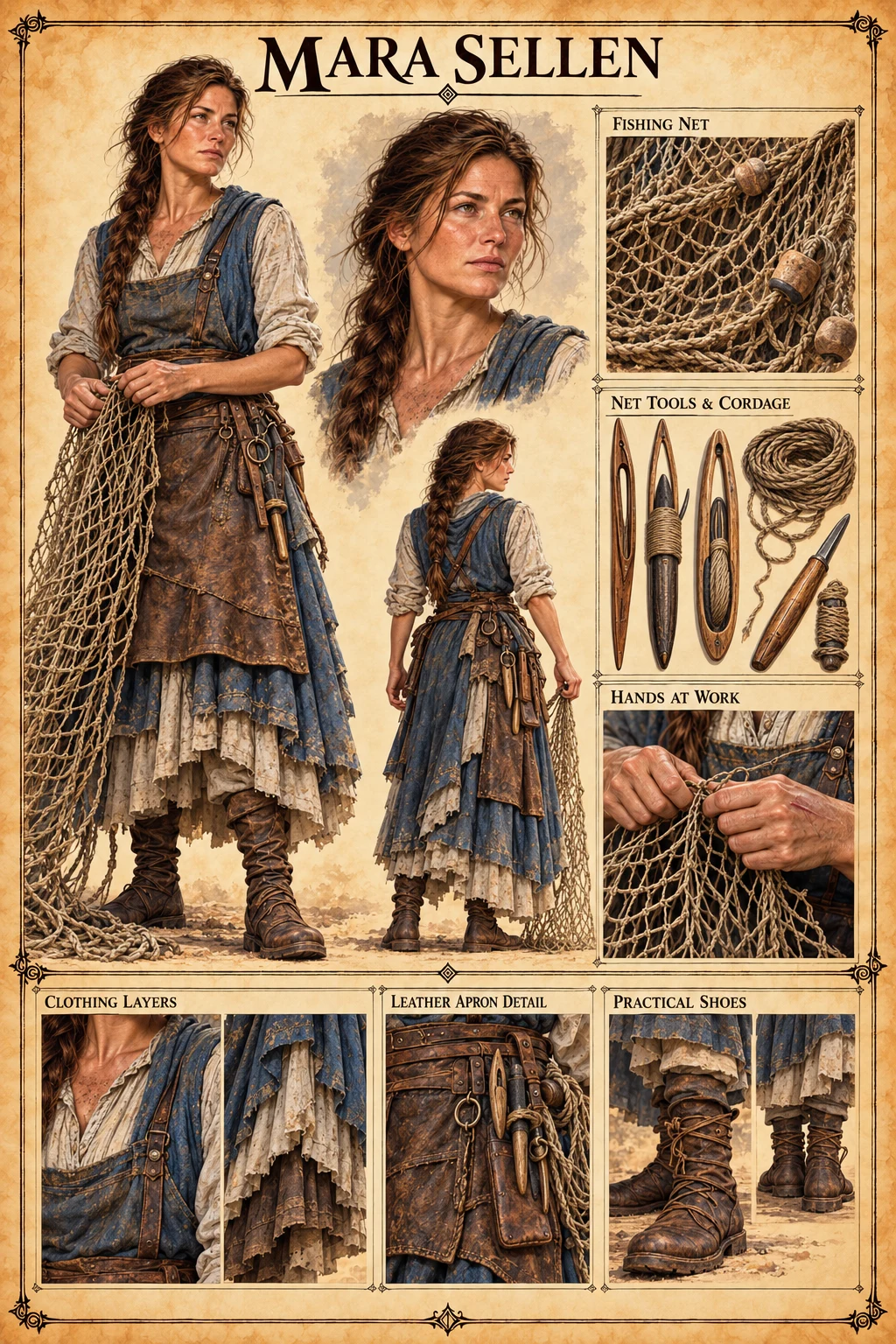Character reference sheet showing Mara Sellen with front, back, and portrait views, fishing nets, cordage tools, working hands, and clothing details.