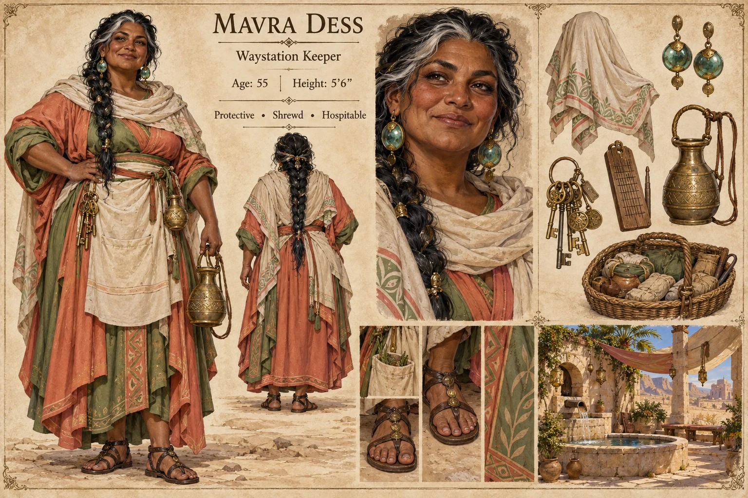 Character reference plate showing Mavra Dess with portrait studies, patterned robes, jewelry, baskets, and household goods.