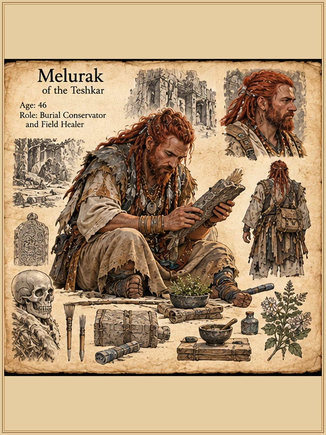 Character reference sheet showing Melurak of the Teshkar with red hair, portrait studies, clothing, personal tools and equipment, and architectural details.