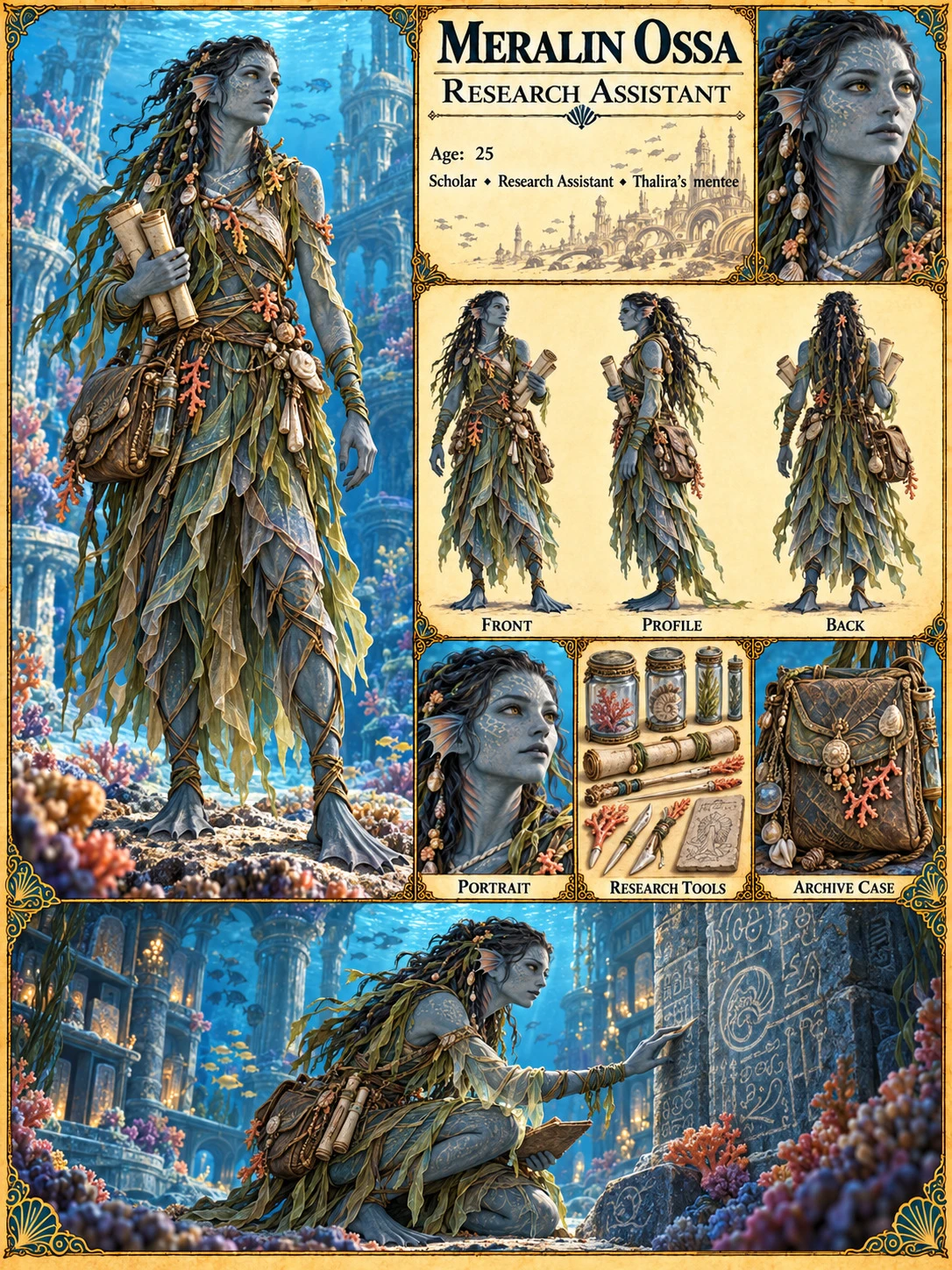 Nerathi character reference sheet showing Meralin Ossa, research assistant, with portrait studies, front, profile and back views, research tools and an archive case, and an underwater scene.