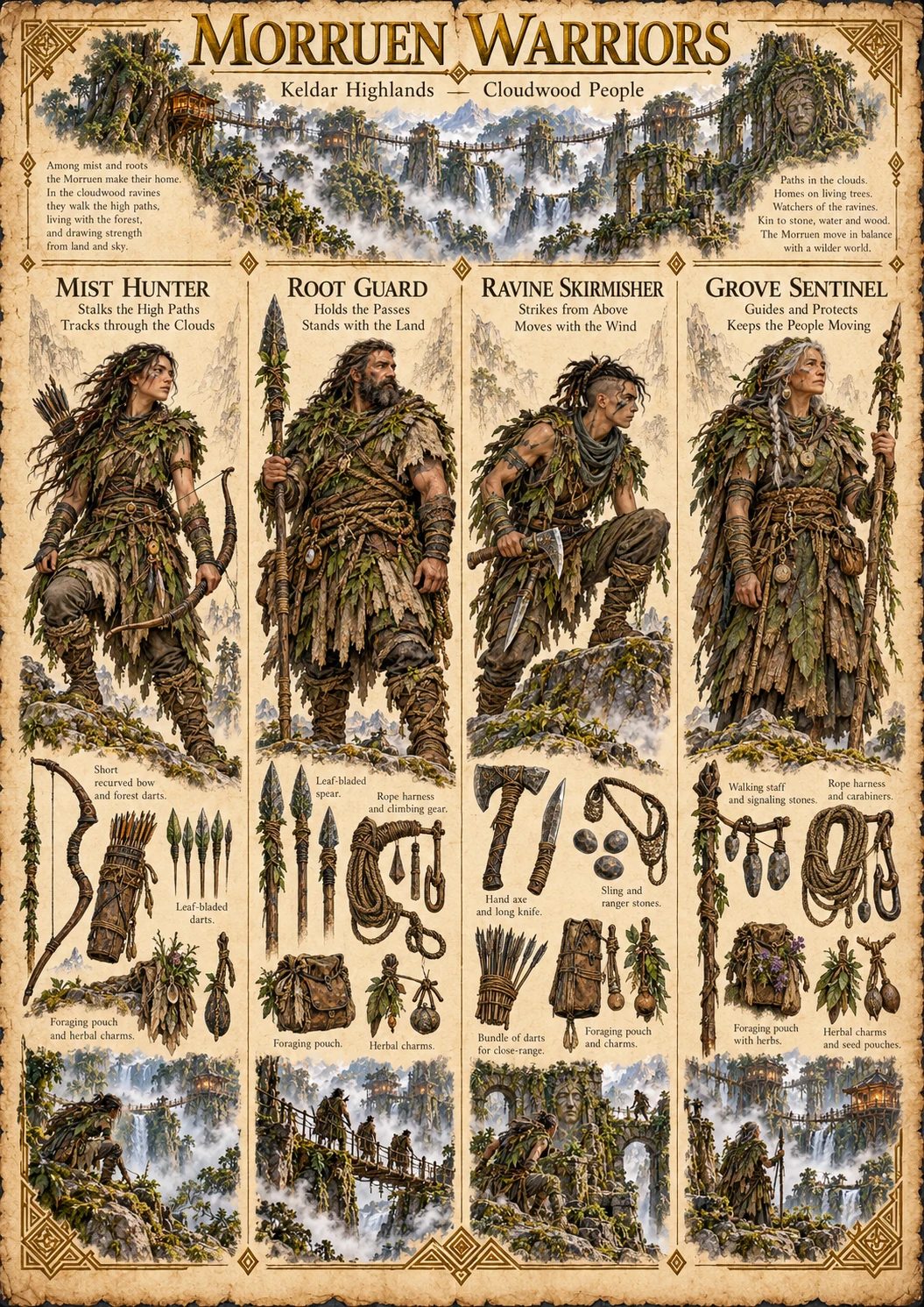 Warrior reference plate showing the Morruen Mist Hunter, Root Guard, Ravine Skirmisher, and Grove Sentinel with weapons, forest equipment, and misty woodland landscapes.