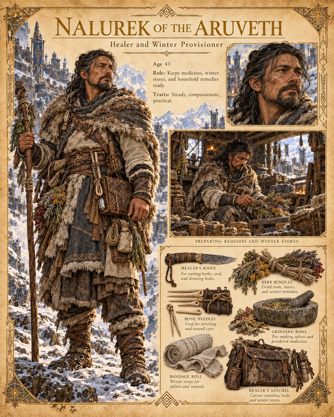 Character reference sheet showing Nalurek of the Aruveth, Healer and Winter Provisioner, with a portrait, fur-lined clothing, a winter kitchen scene, herbs, medical supplies, and a travel pack.