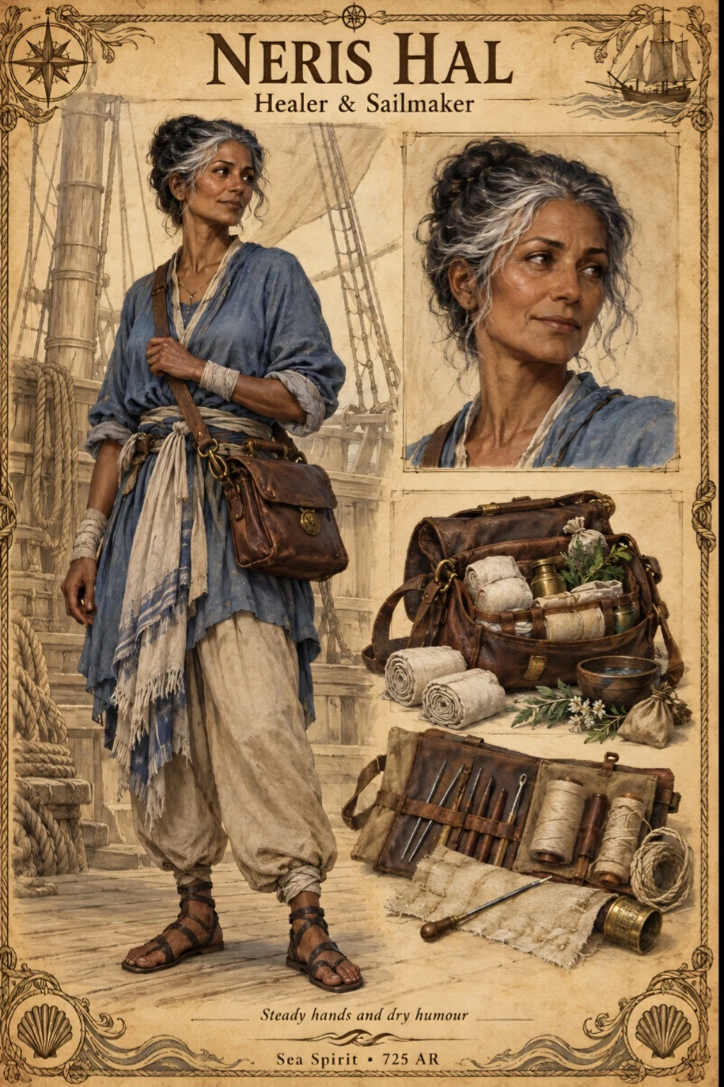 Sea Spirit crew reference plate showing healer and sailmaker Neris Hal with a portrait, medical supplies, and sewing tools.