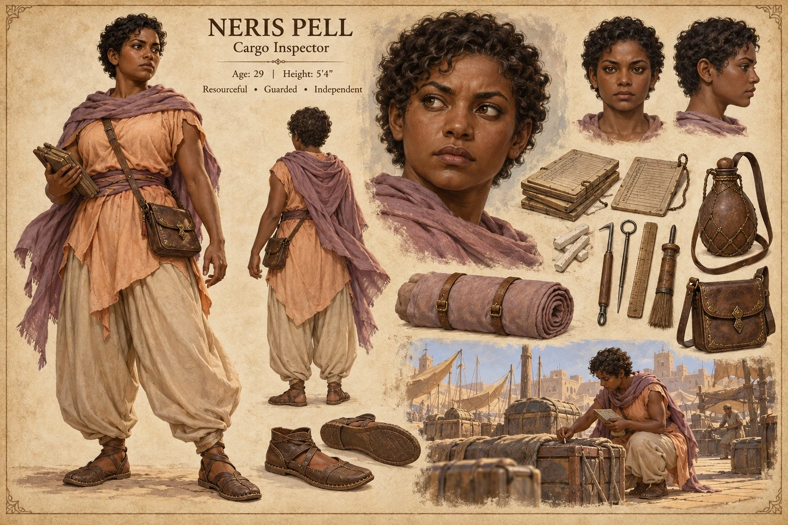 Character reference plate showing Neris Pell with portrait studies, travel clothing, a satchel, tools, and supplies.