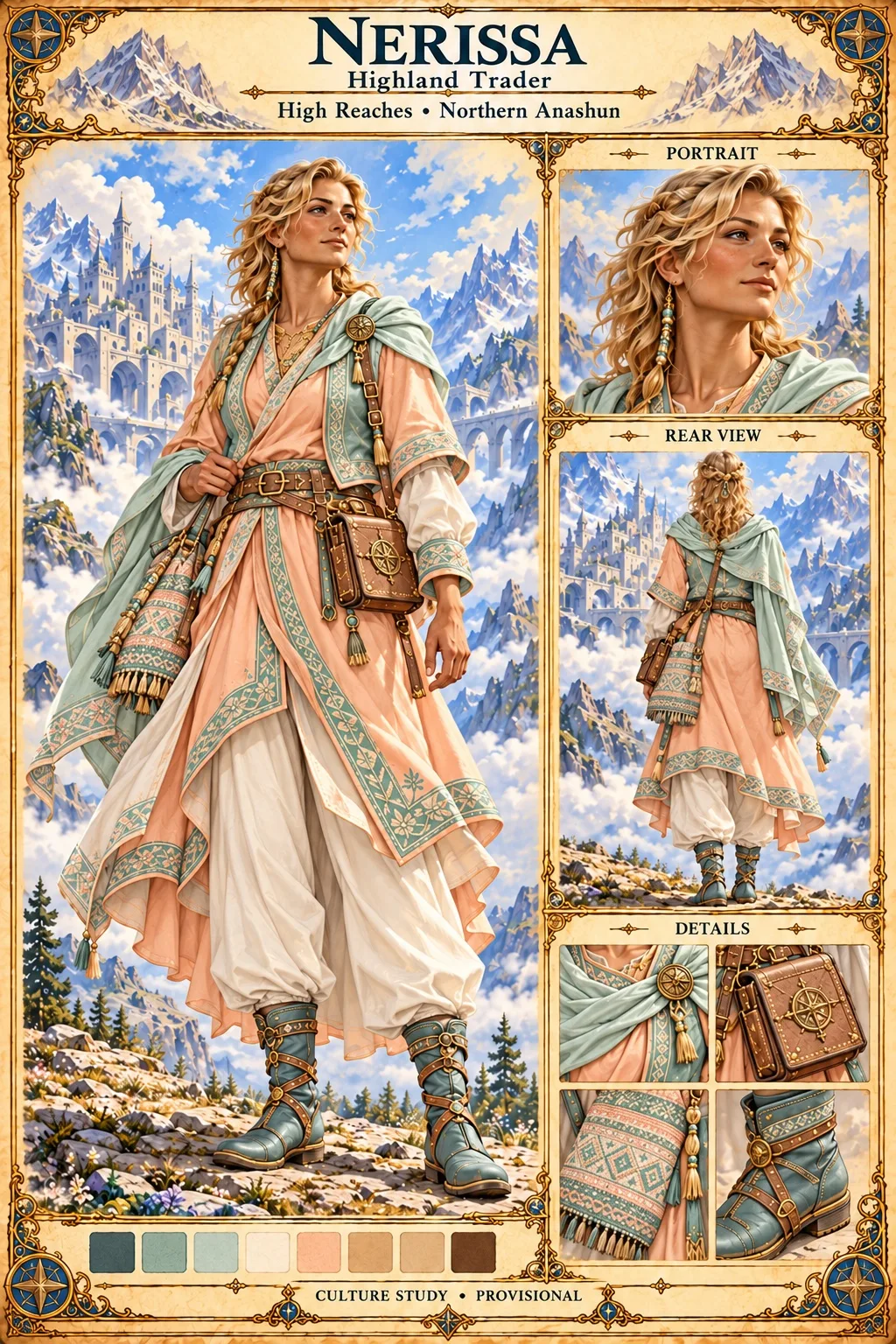 High Reaches culture study of Nerissa, a highland trader of northern Anashun with curly blonde hair and beaded braids, in a peach and sea green embroidered coat over cream trousers, a pale green cape and a woven tasselled bag, with a leather satchel bearing a compass emblem and green laced boots, shown in full figure, portrait and rear view, with gear details, a colour palette, and a white mountain city above the clouds.