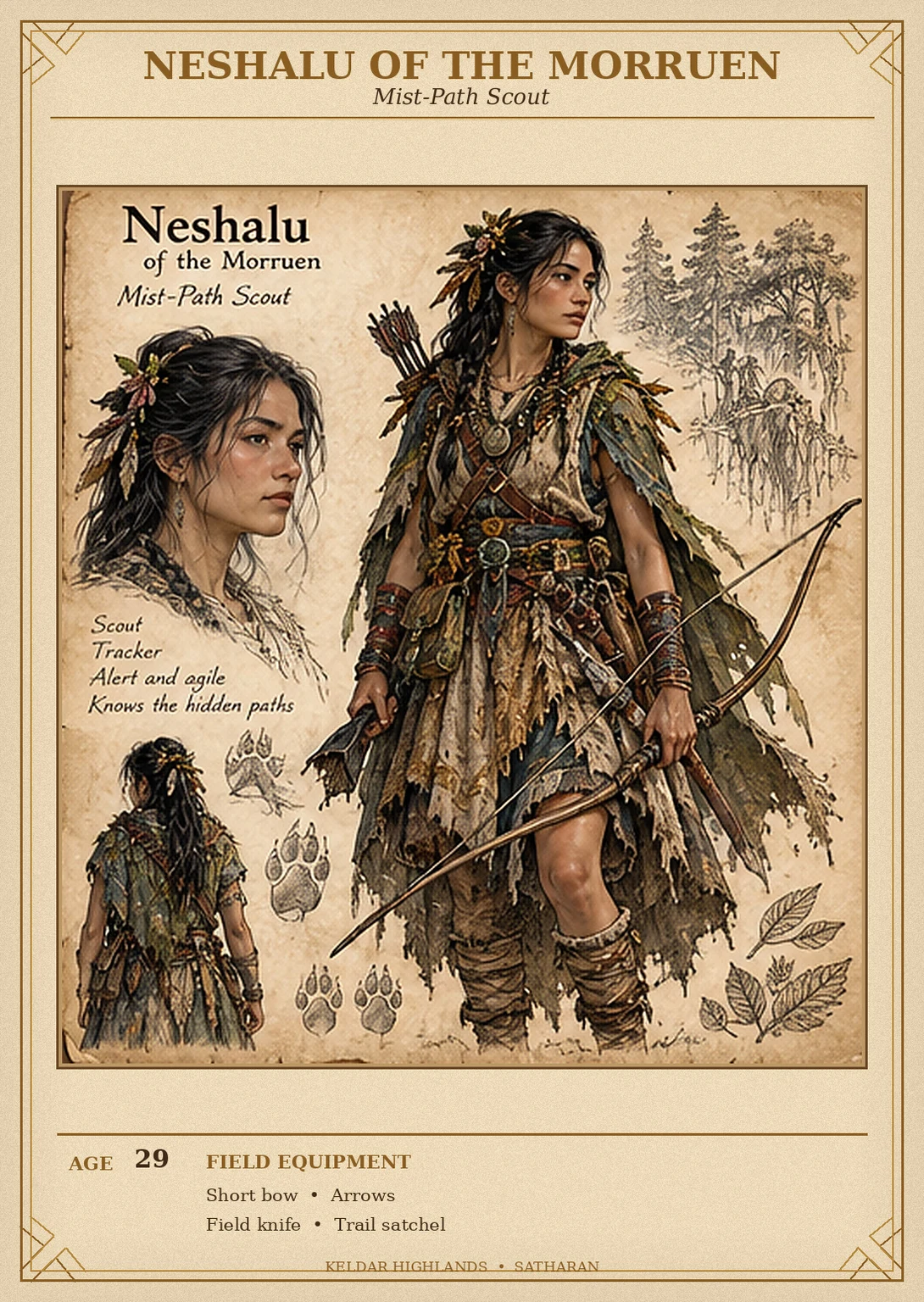 Morruen character reference sheet showing Neshalu, mist-path scout, with portrait and rear views, a short bow, arrows, a field knife, and a trail satchel.