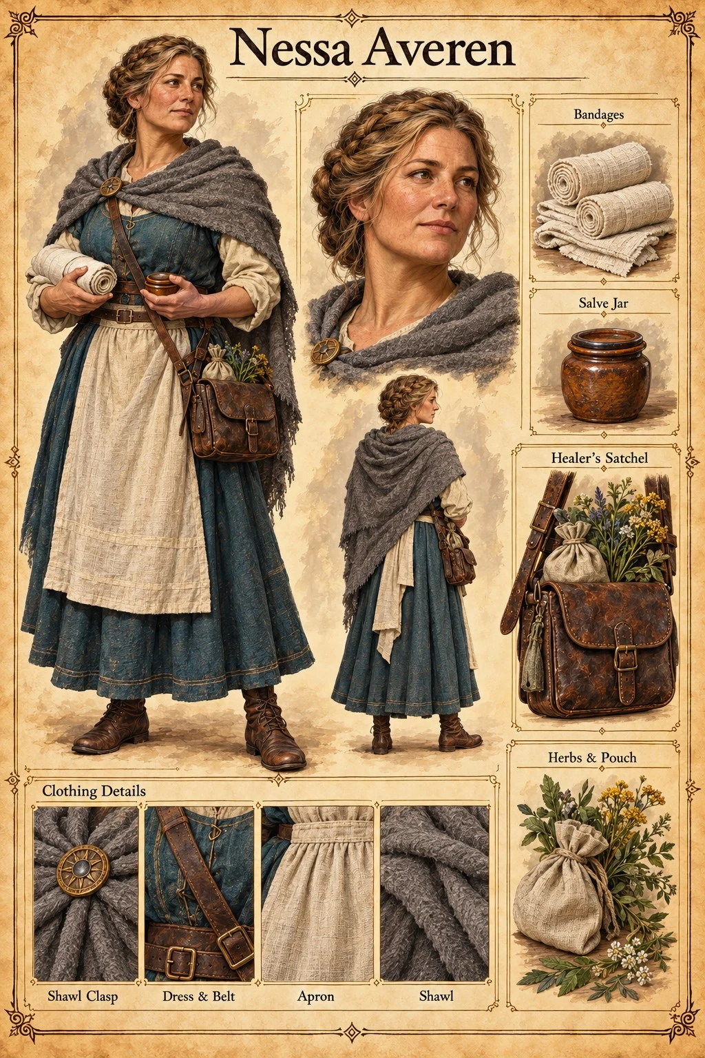 Character reference sheet showing Nessa Averen holding a swaddled baby, with portrait and back views, bandages, a salve jar, a healer’s satchel, herbs, and clothing details.