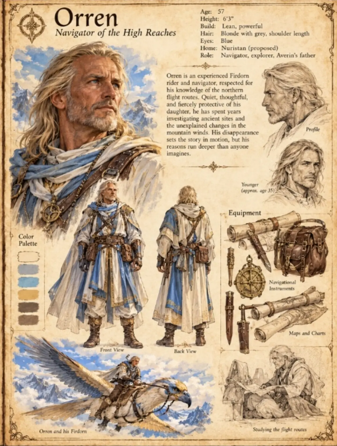 High Reaches character sheet of Orren, a 57-year-old Firdorn rider and navigator and Averin's father, with shoulder-length greying blonde hair and beard, in blue and white robes, shown in portrait, profile, as a younger man, and front and back views, with navigational instruments, maps and charts, riding his Firdorn and studying flight routes.