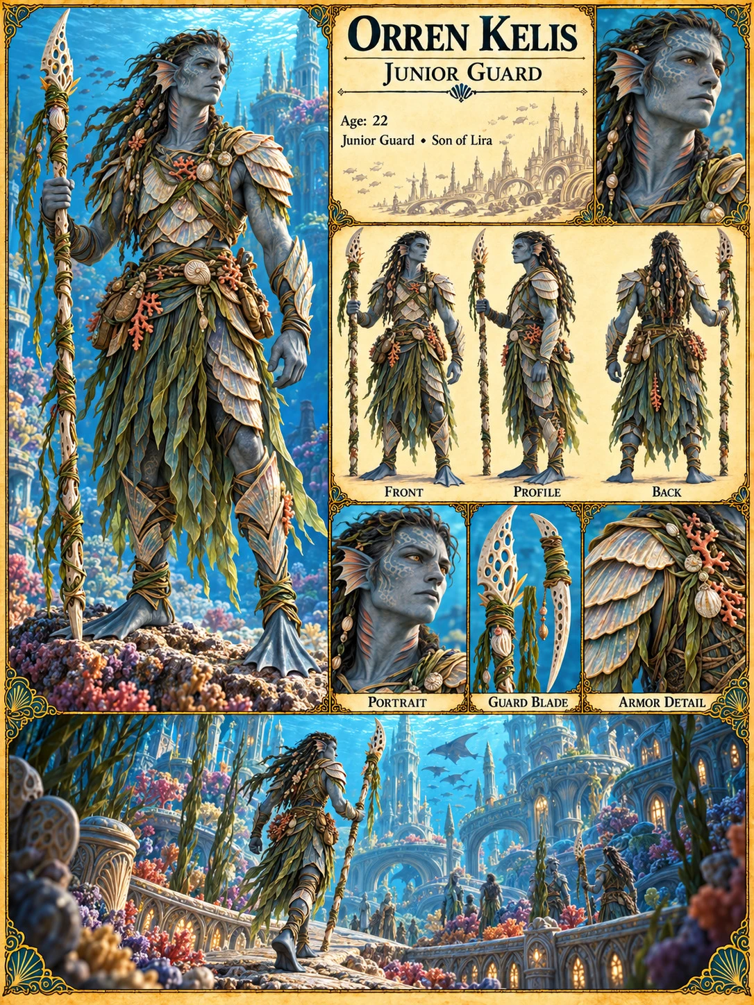 Nerathi character reference sheet showing Orren Kelis, junior guard, with portrait studies, front, profile and back views, a guard blade and armor details, and an underwater scene.