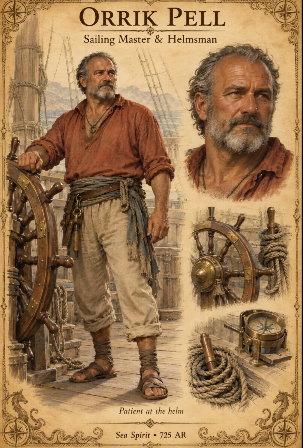 Sea Spirit crew reference plate showing sailing master Orrik Pell with a portrait, ship wheel, rope, and sailing equipment.