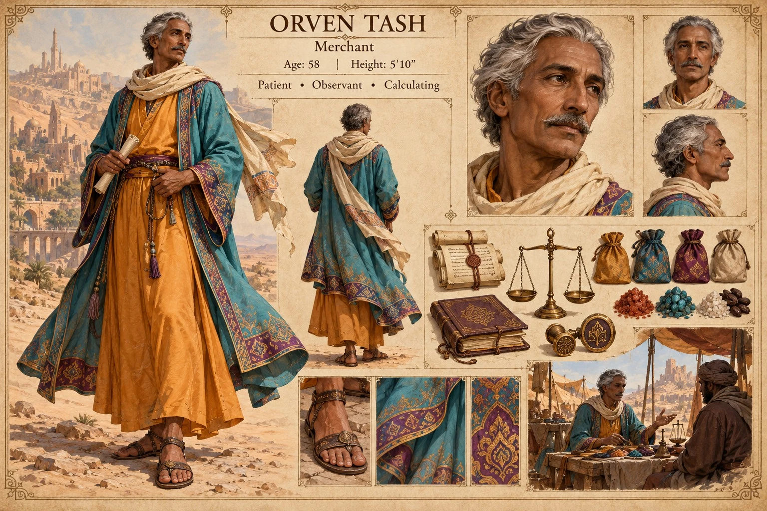 Character reference plate showing Orven Tash in colorful merchant robes, with portrait studies, scales, textiles, and goods.