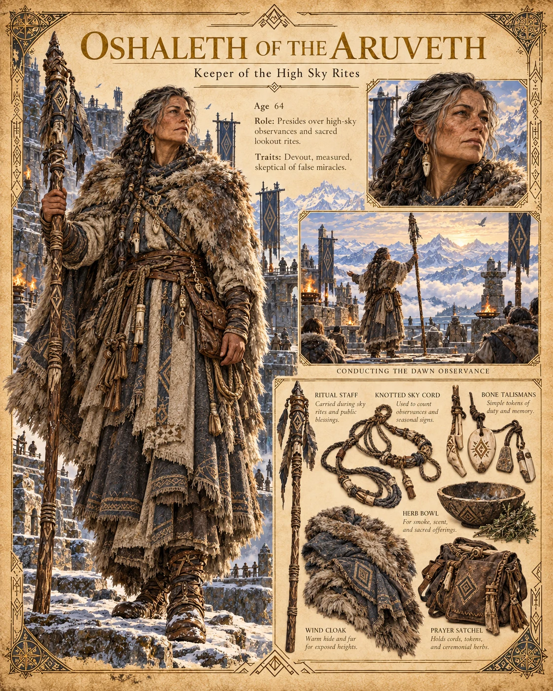 Character reference sheet showing Oshaleth of the Aruveth, Keeper of the High Sky Rites, with a portrait, layered mountain clothing, a ceremonial gathering, cords, vessels, and ritual objects.