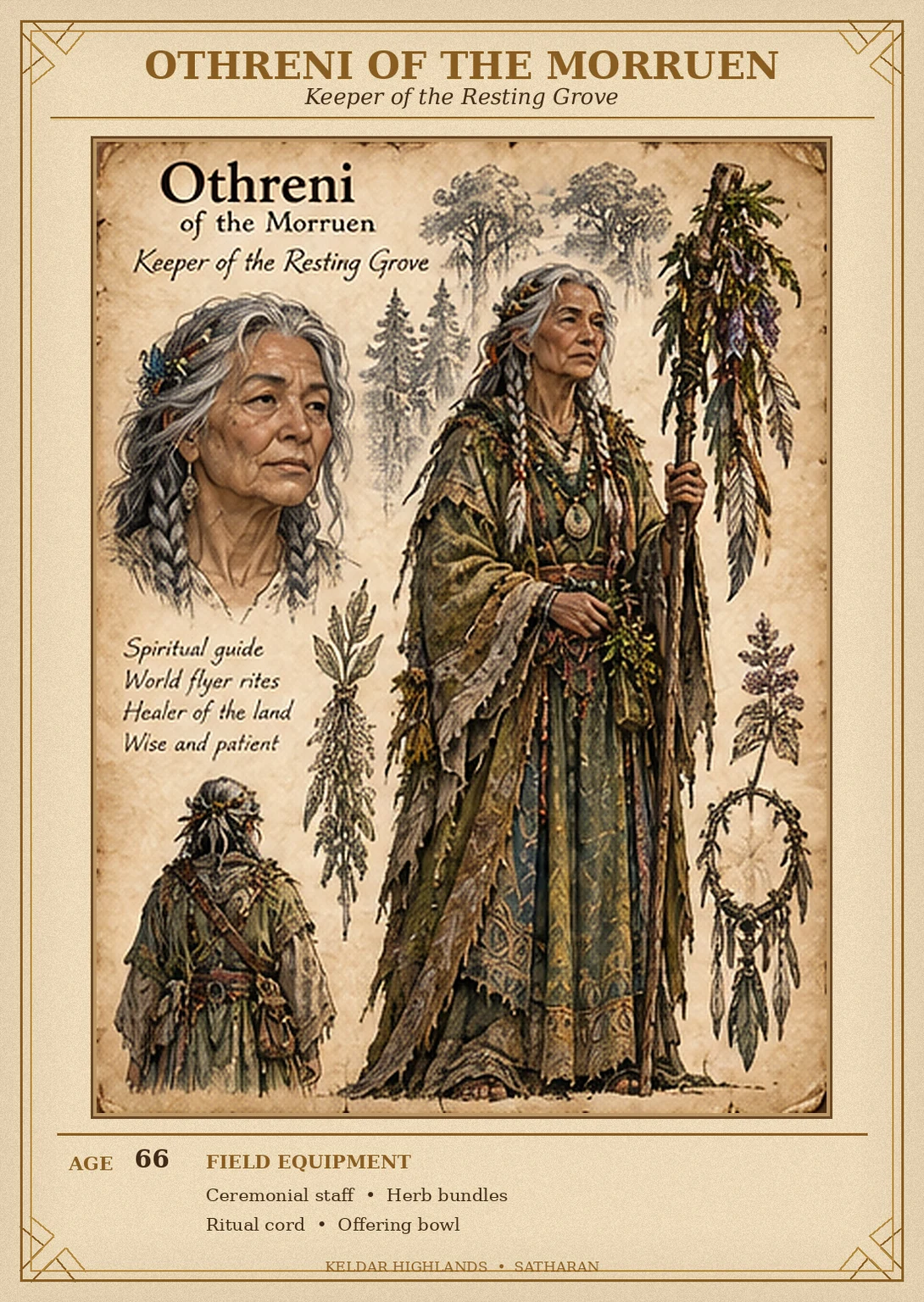 Morruen character reference sheet showing Othreni, keeper of the resting grove, with portrait and rear views, a ceremonial staff, ritual cord, and an offering bowl.