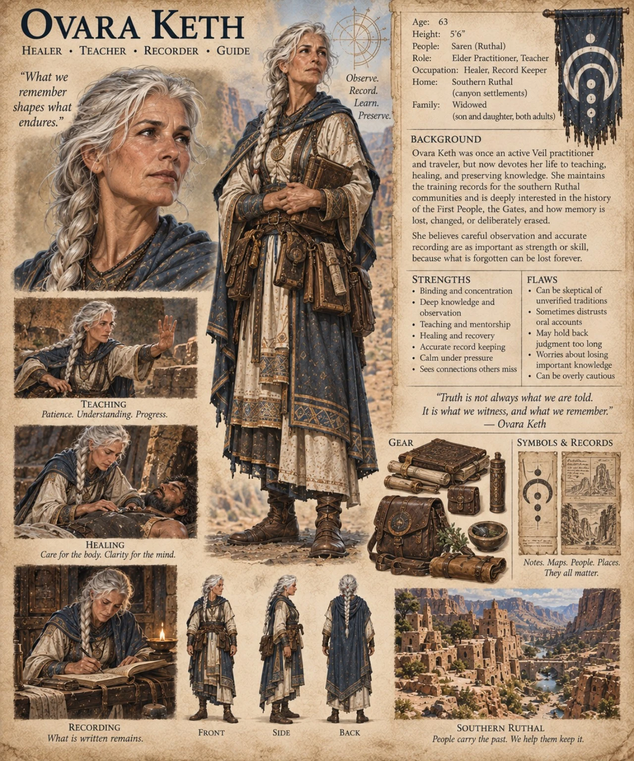 Character reference plate showing Ovara Keth with portrait studies, travel clothing, teaching materials, and equipment.