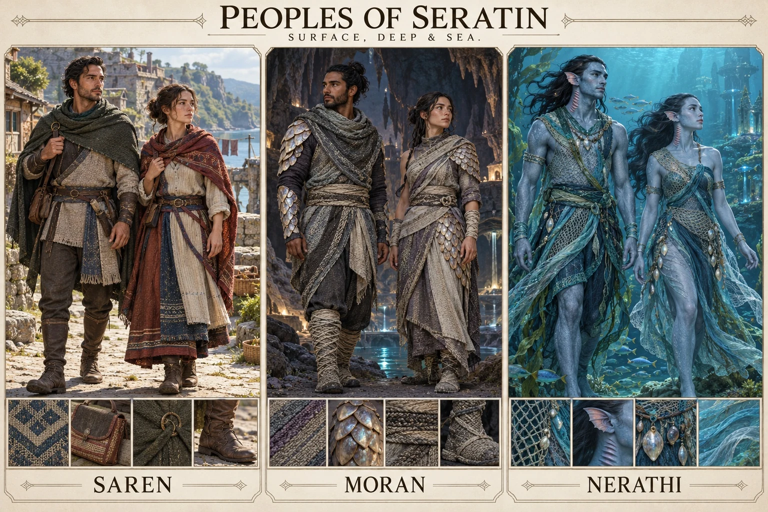 An illustrated comparison of Saren, Moran, and Nerathi peoples, with clothing, portraits, architecture, and cultural details.