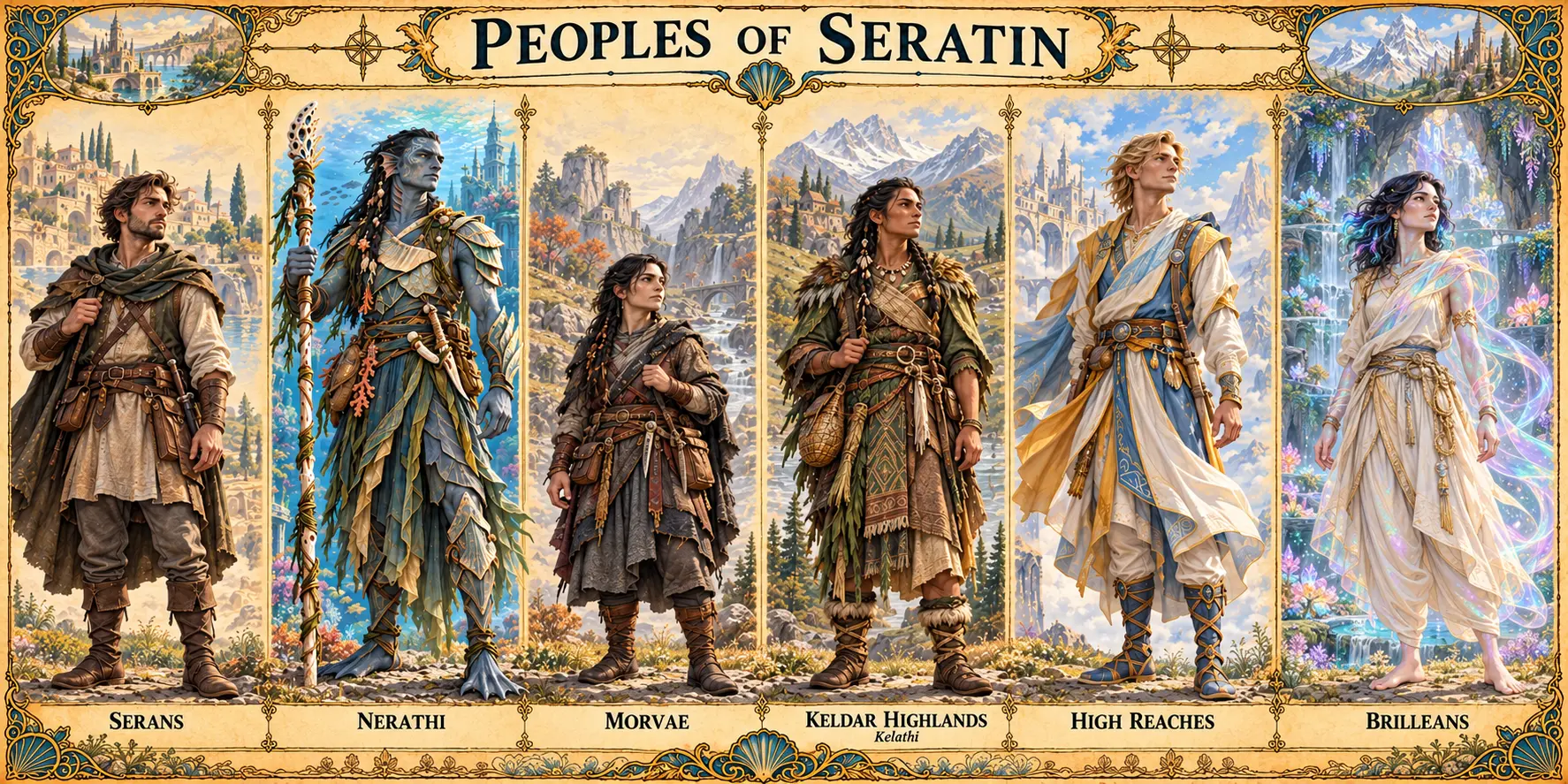 A banner of six peoples of Seratin standing side by side in their homelands: Serans, Nerathi, Morvae, the Keldar Highlands Kelathi, the High Reaches people, and Brilleans.
