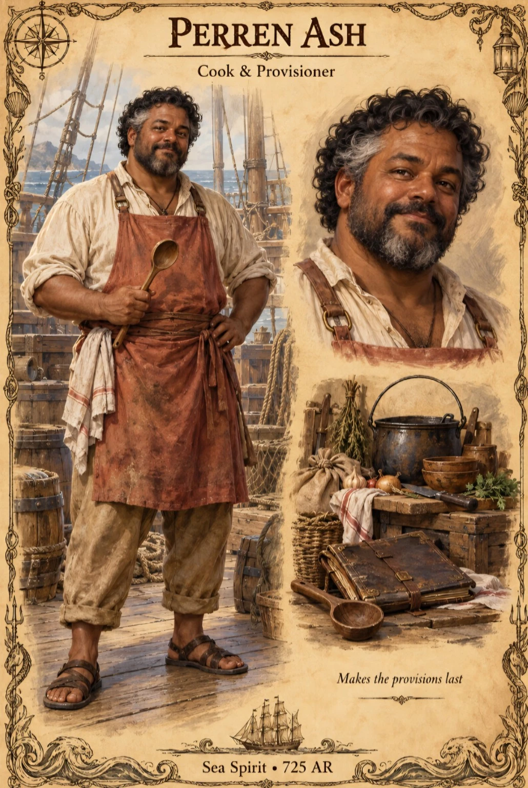 Sea Spirit crew reference plate showing cook Perren Ash with a portrait, apron, cooking utensils, and provisions.
