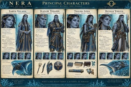 An illustrated reference plate of the principal characters of Nera, with portraits and equipment details.