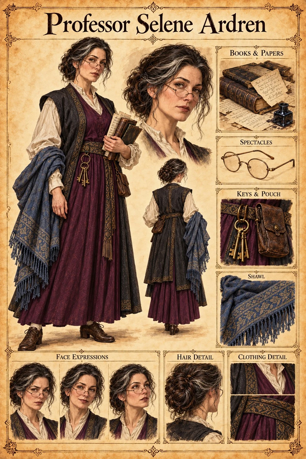Character reference sheet showing Professor Selene Ardren with portrait studies, books and papers, spectacles, keys, a pouch, and a patterned shawl.